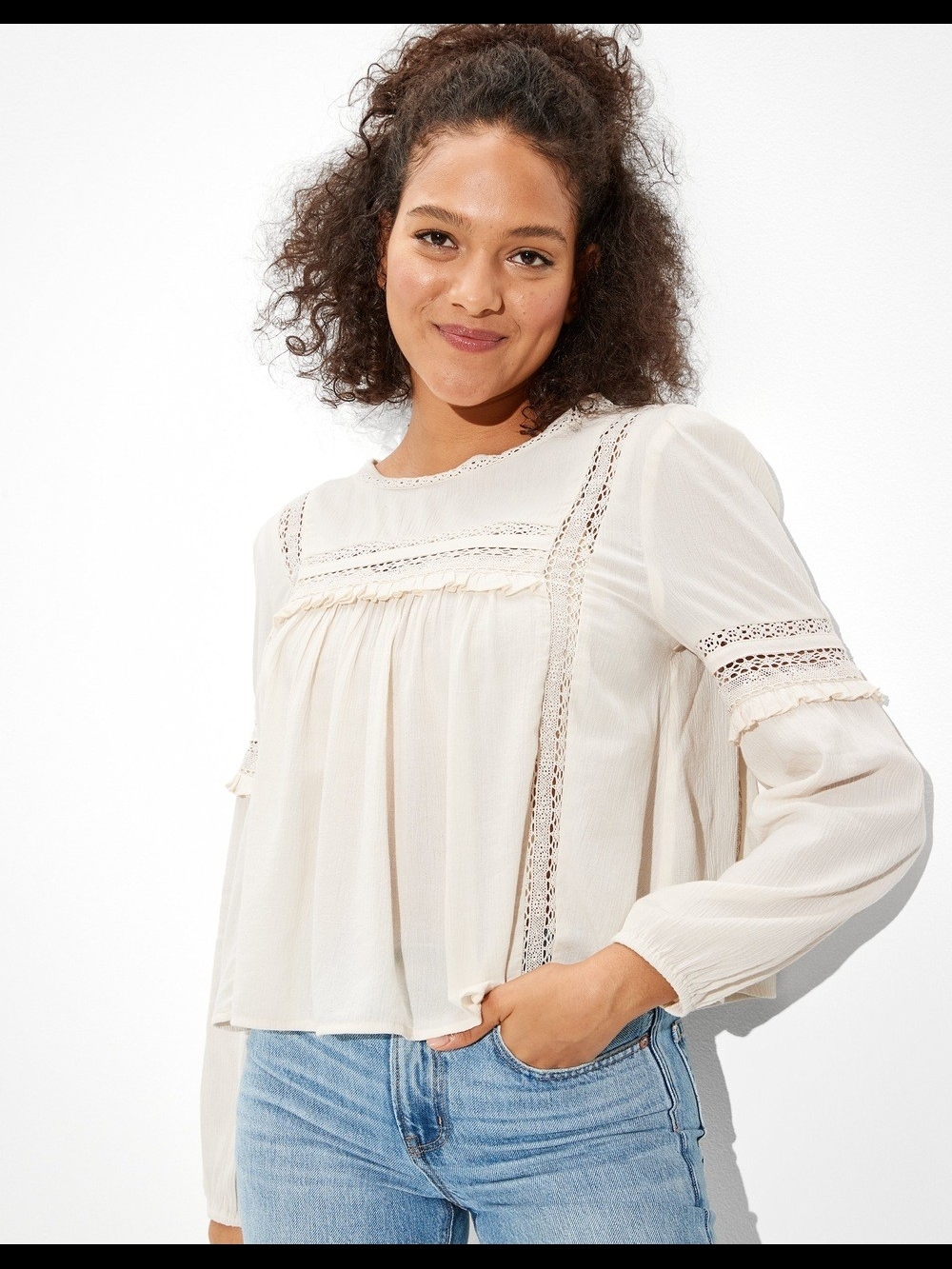 American Eagle Outfitters Cream Lace-Trim Peasant Blouse